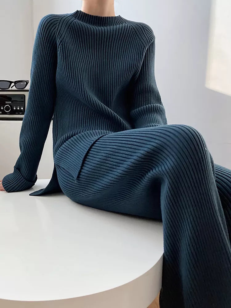 Blue Sweater & Wide Leg Pants Set - Winter