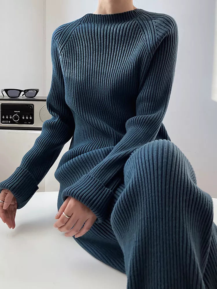 Blue Sweater & Wide Leg Pants Set - Winter