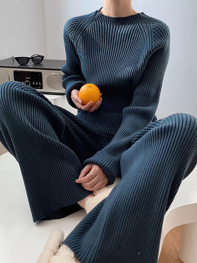 Blue Sweater & Wide Leg Pants Set - Winter
