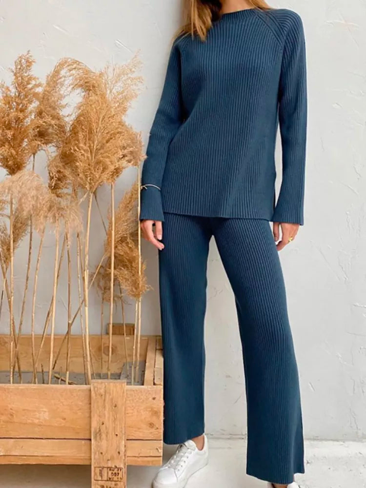 Blue Sweater & Wide Leg Pants Set - Winter