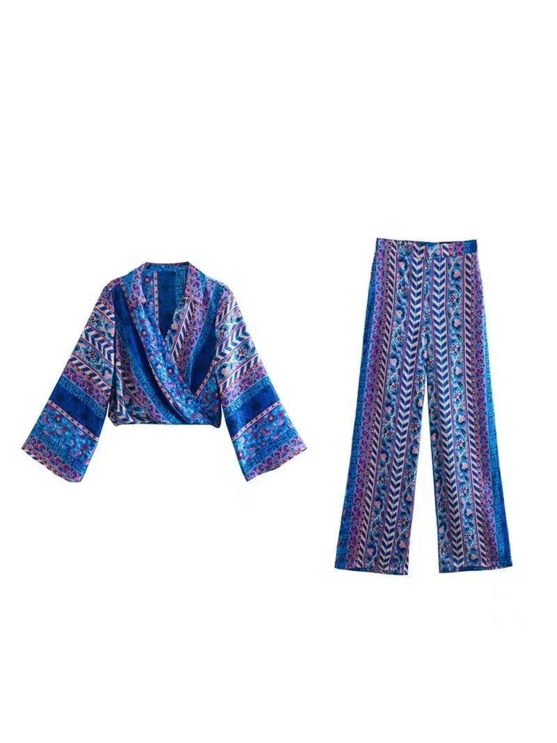 Printed Cozy Cropped Blouse and High Elastic Waist Wide Leg Pants