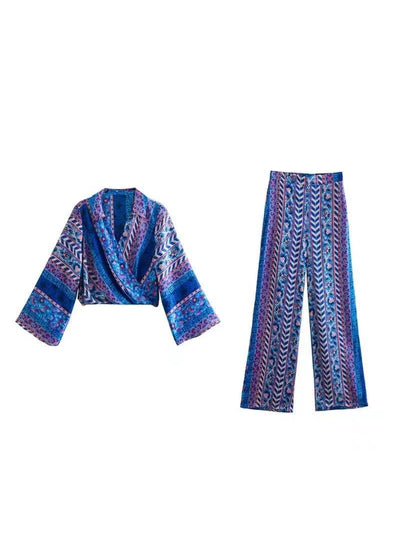 Printed Cozy Cropped Blouse and High Elastic Waist Wide Leg Pants