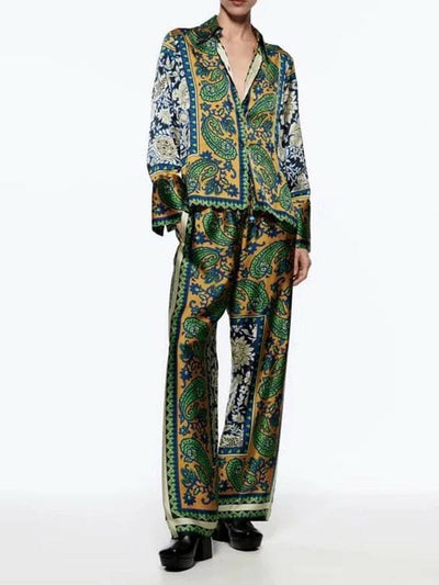 Green Floral Print Soft Satin Shirt & Pants Co-ord Set