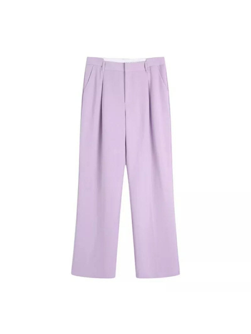 Lavender high-waist wide-leg tailored pants with front pleats and slanted pockets
