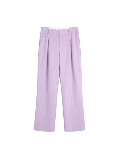 Lavender high-waist wide-leg tailored pants with front pleats and slanted pockets