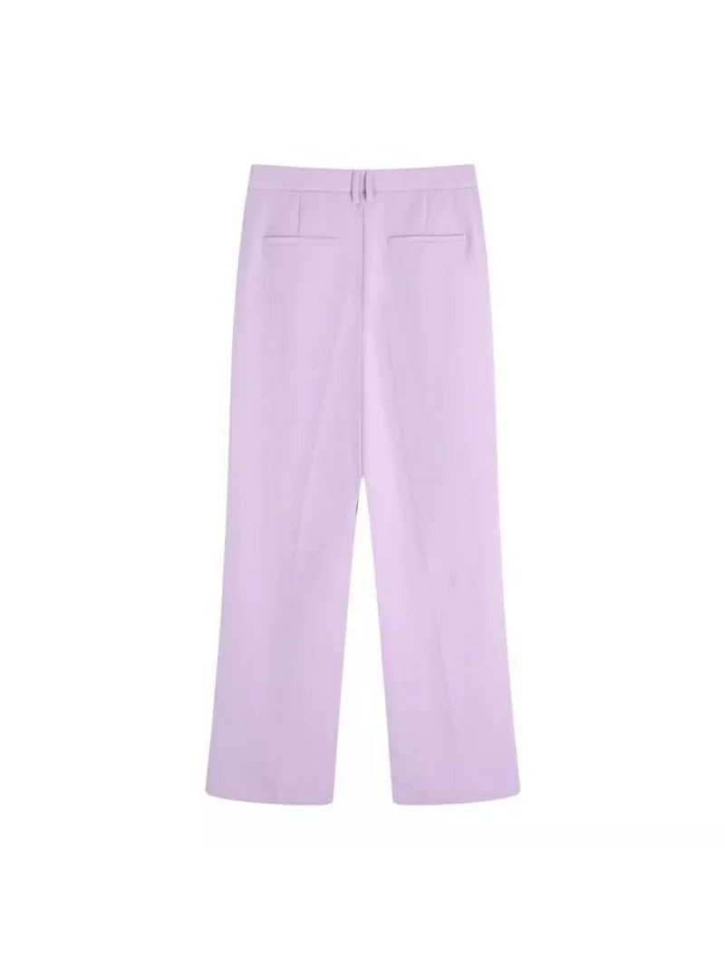 Lavender wide-leg trousers viewed from the back with two welt pockets.