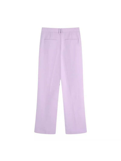Lavender wide-leg trousers viewed from the back with two welt pockets.