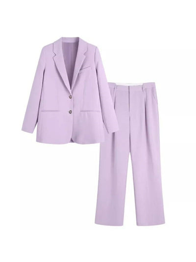 Lavender blazer with notch lapels and two-button closure, paired with matching pleated trousers.