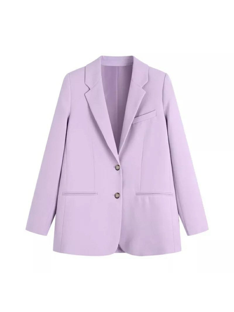Lavender blazer with notched lapels, two-button front, chest welt pocket, and two front flap pockets.