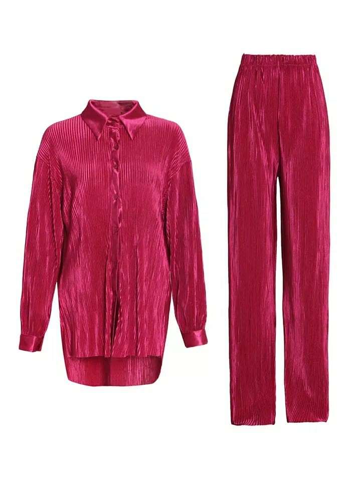 Oversized Pleated Shirt & Pants Elastic Waist Set