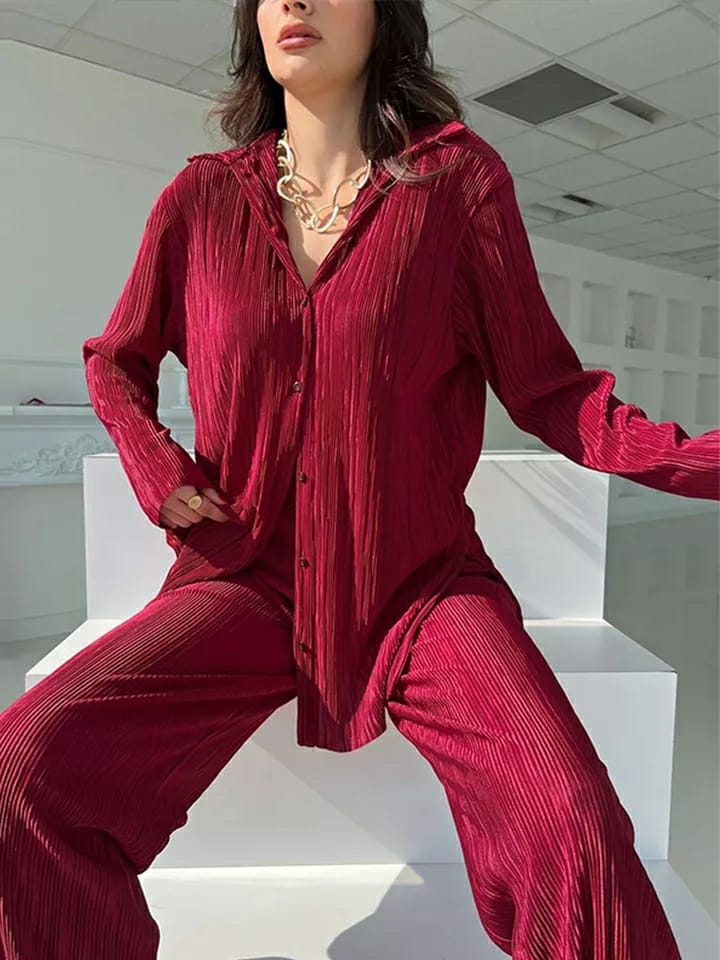 Oversized Pleated Shirt & Pants Elastic Waist Set