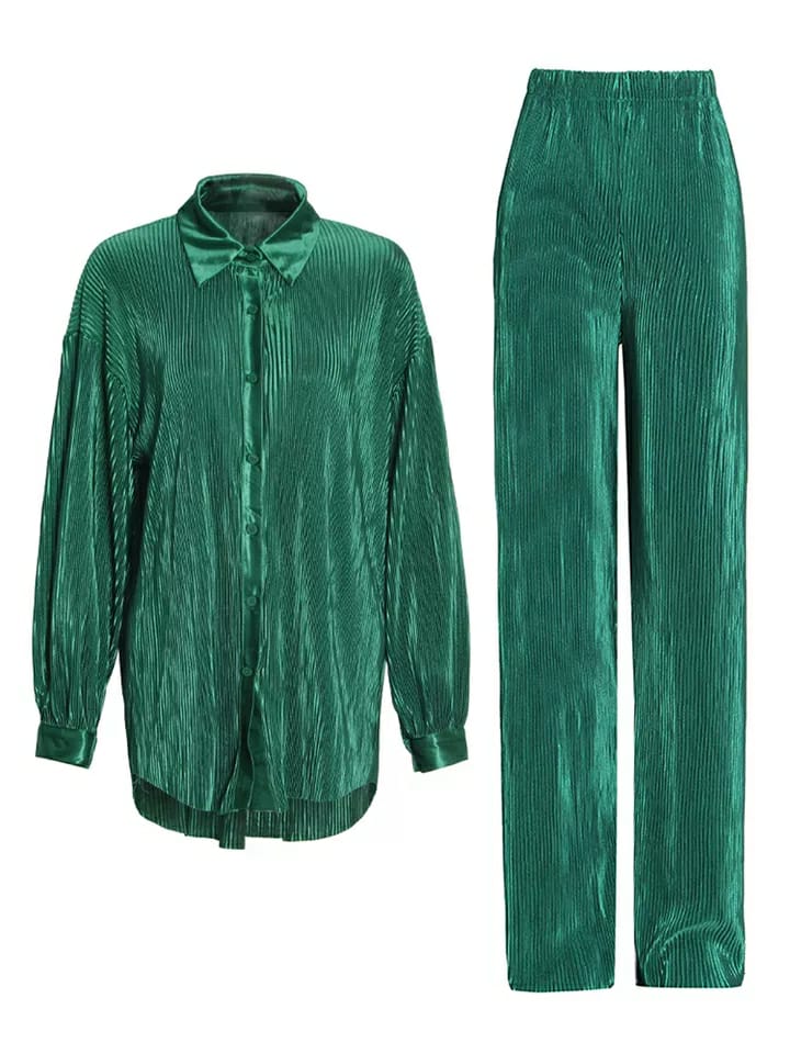 Oversized Pleated Shirt & Pants Elastic Waist Set