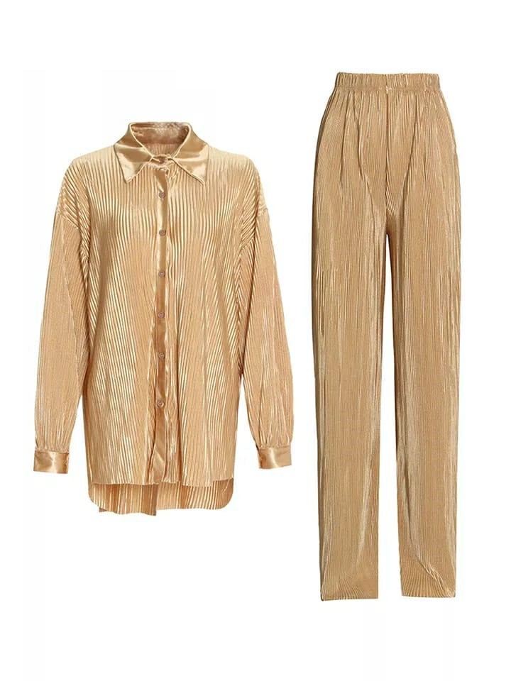 Oversized Pleated Shirt & Pants Elastic Waist Set