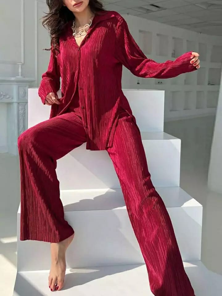 Oversized Pleated Shirt & Pants Elastic Waist Set