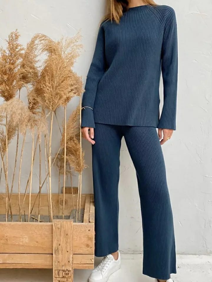 Blue Sweater & Wide Leg Pants Set - Winter