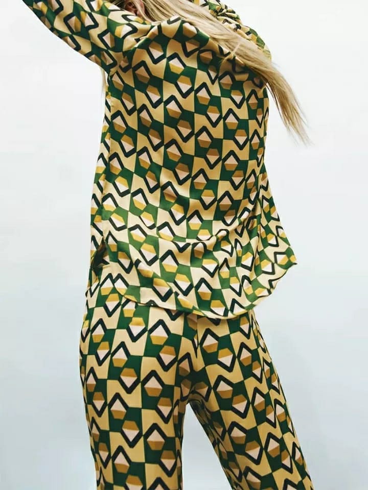 Geometric Print Shirt & Wide Leg Pants Coord Set