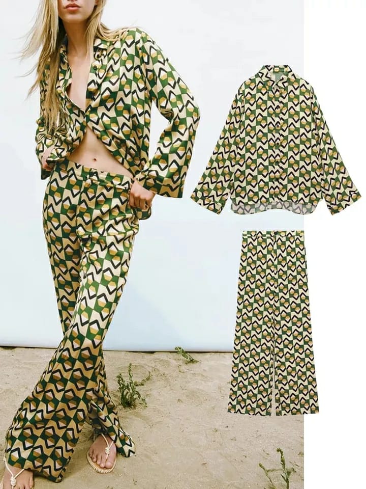 Geometric Print Shirt & Wide Leg Pants Coord Set