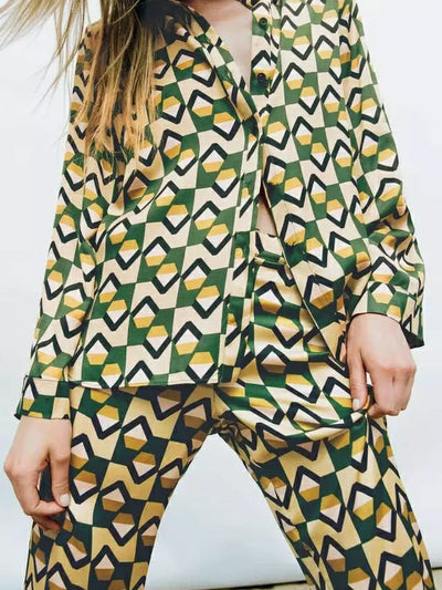 Geometric Print Shirt & Wide Leg Pants Coord Set