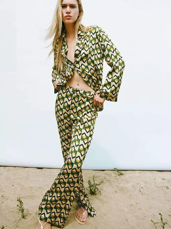 Geometric Print Shirt & Wide Leg Pants Coord Set