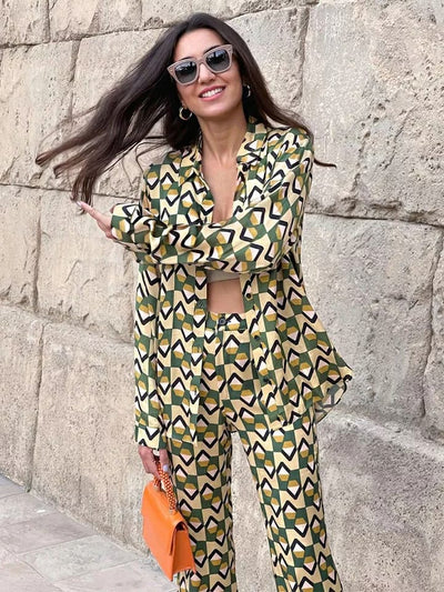 Geometric Print Shirt & Wide Leg Pants Coord Set