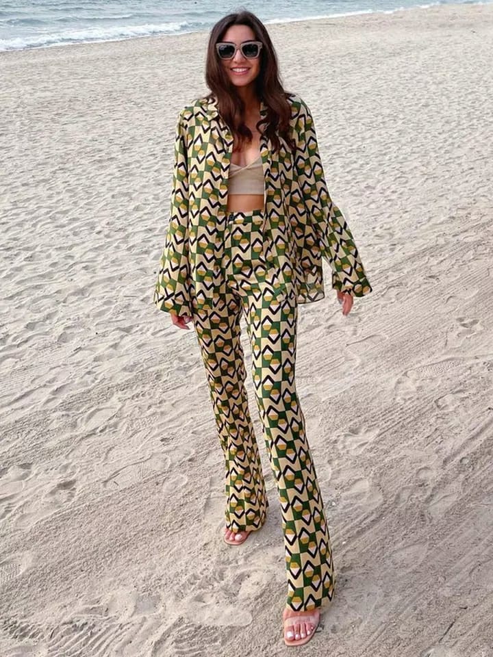 Geometric Print Shirt & Wide Leg Pants Coord Set