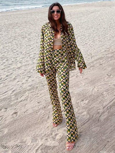 Geometric Print Shirt & Wide Leg Pants Coord Set