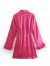 Pink Satin Feather Sleeves Wrap Dress