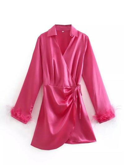 Pink Satin Feather Sleeves Wrap Dress