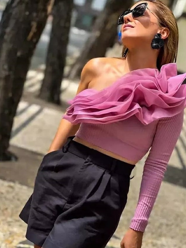 One Shoulder Ruffles Crop Top