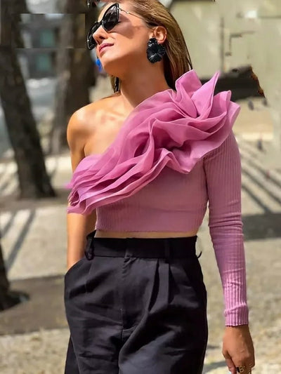 One Shoulder Ruffles Crop Top