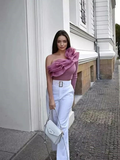 One Shoulder Ruffles Crop Top