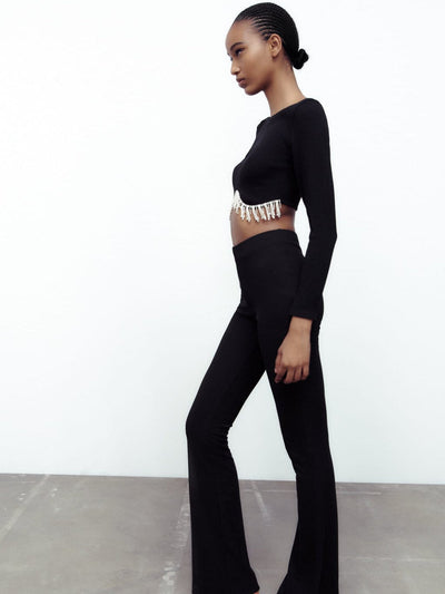 Full Sleeves Rhinestone Tassel Crop Top