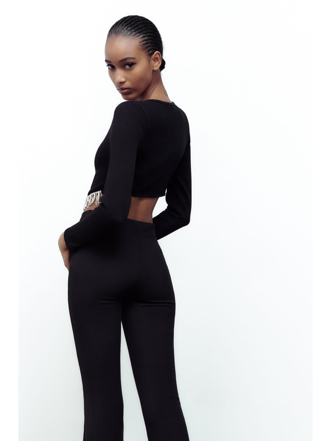 Full Sleeves Rhinestone Tassel Crop Top