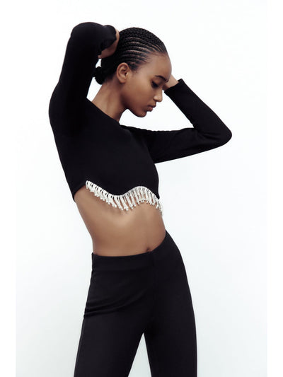 Full Sleeves Rhinestone Tassel Crop Top