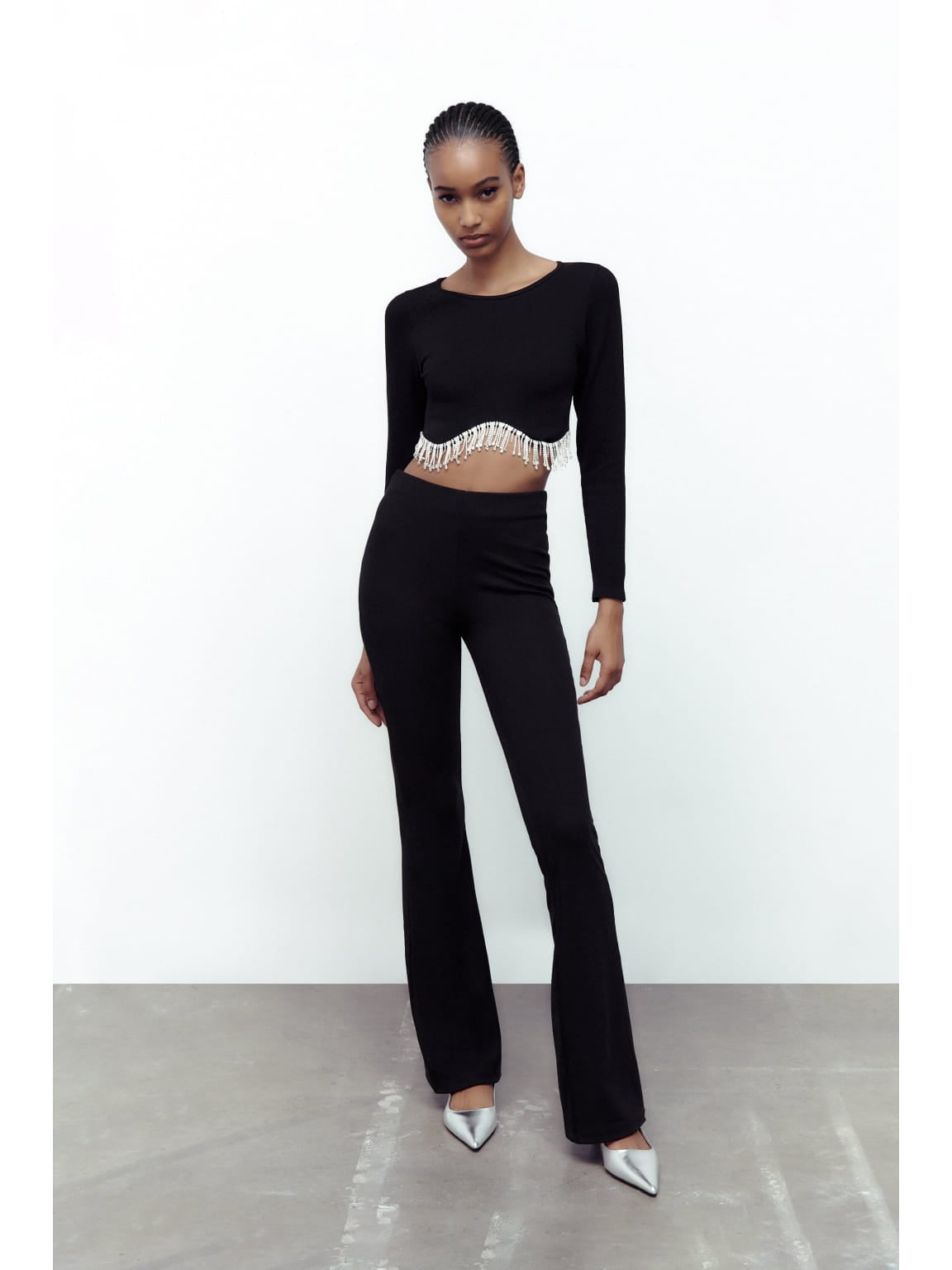 Full Sleeves Rhinestone Tassel Crop Top