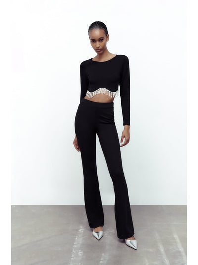 Full Sleeves Rhinestone Tassel Crop Top