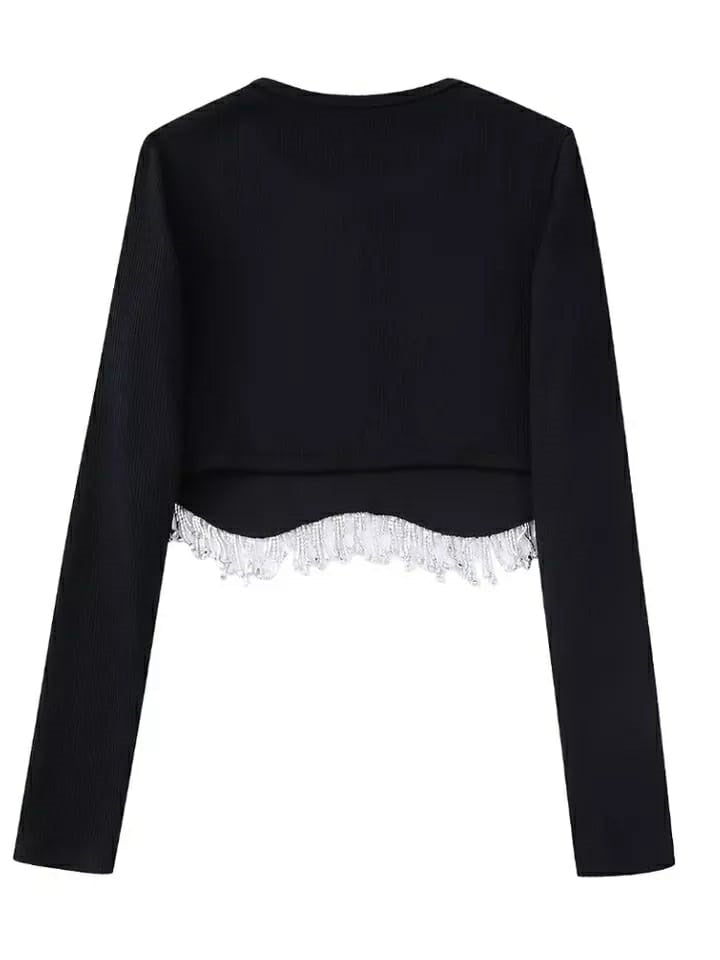 Full Sleeves Rhinestone Tassel Crop Top