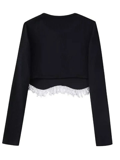 Full Sleeves Rhinestone Tassel Crop Top