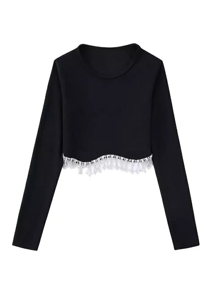 Full Sleeves Rhinestone Tassel Crop Top