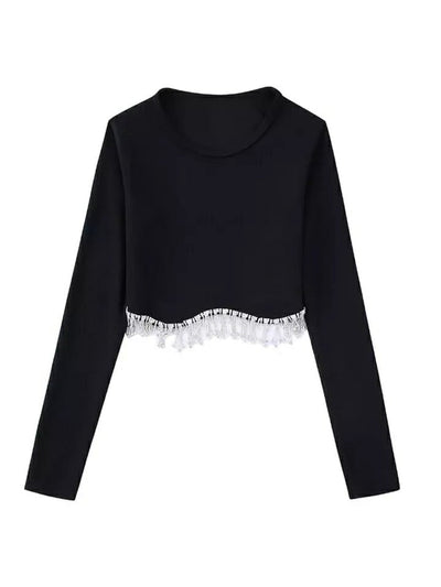 Full Sleeves Rhinestone Tassel Crop Top