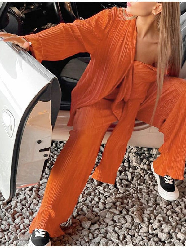 Oversized Pleated Shirt & Pants Elastic Waist Set