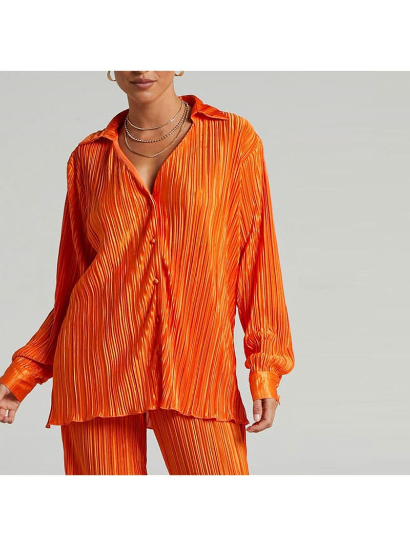 Oversized Pleated Shirt & Pants Elastic Waist Set