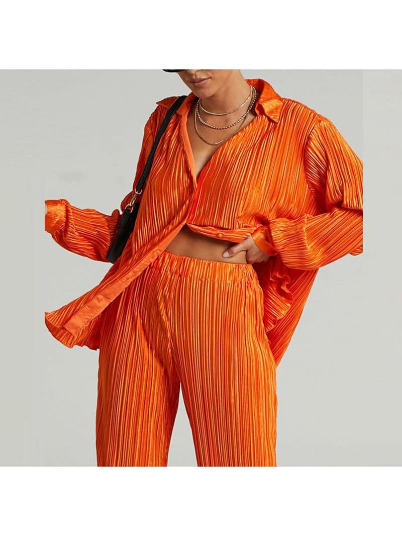Oversized Pleated Shirt & Pants Elastic Waist Set