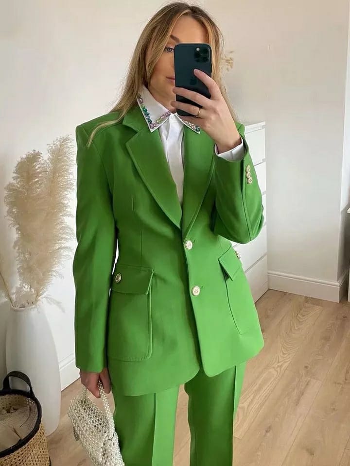 Green Blazer Suit & Pants Co-Ord Set