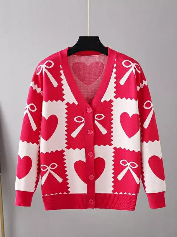 V Neck Knot Print Sweater Jacket - Winter
