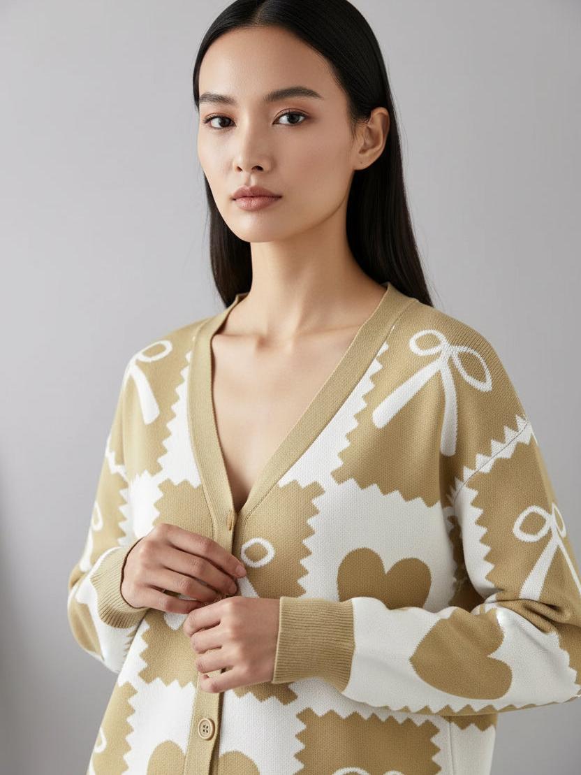 Beige and white knit cardigan with heart and bow patch blocks, V-neck, five-button front, ribbed cuffs.