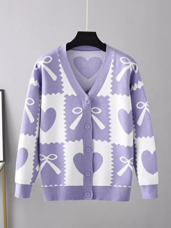 V Neck Knot Print Sweater Jacket - Winter