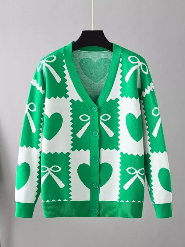 V Neck Knot Print Sweater Jacket - Winter