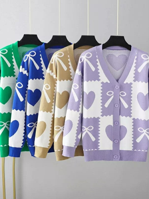 V Neck Knot Print Sweater Jacket - Winter