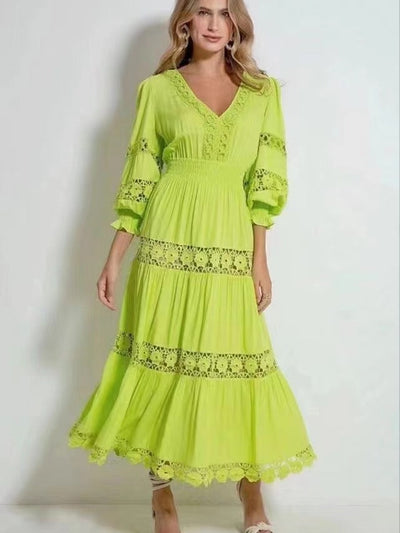 Lantern Sleeves Patchwork Lace Maxi Dress